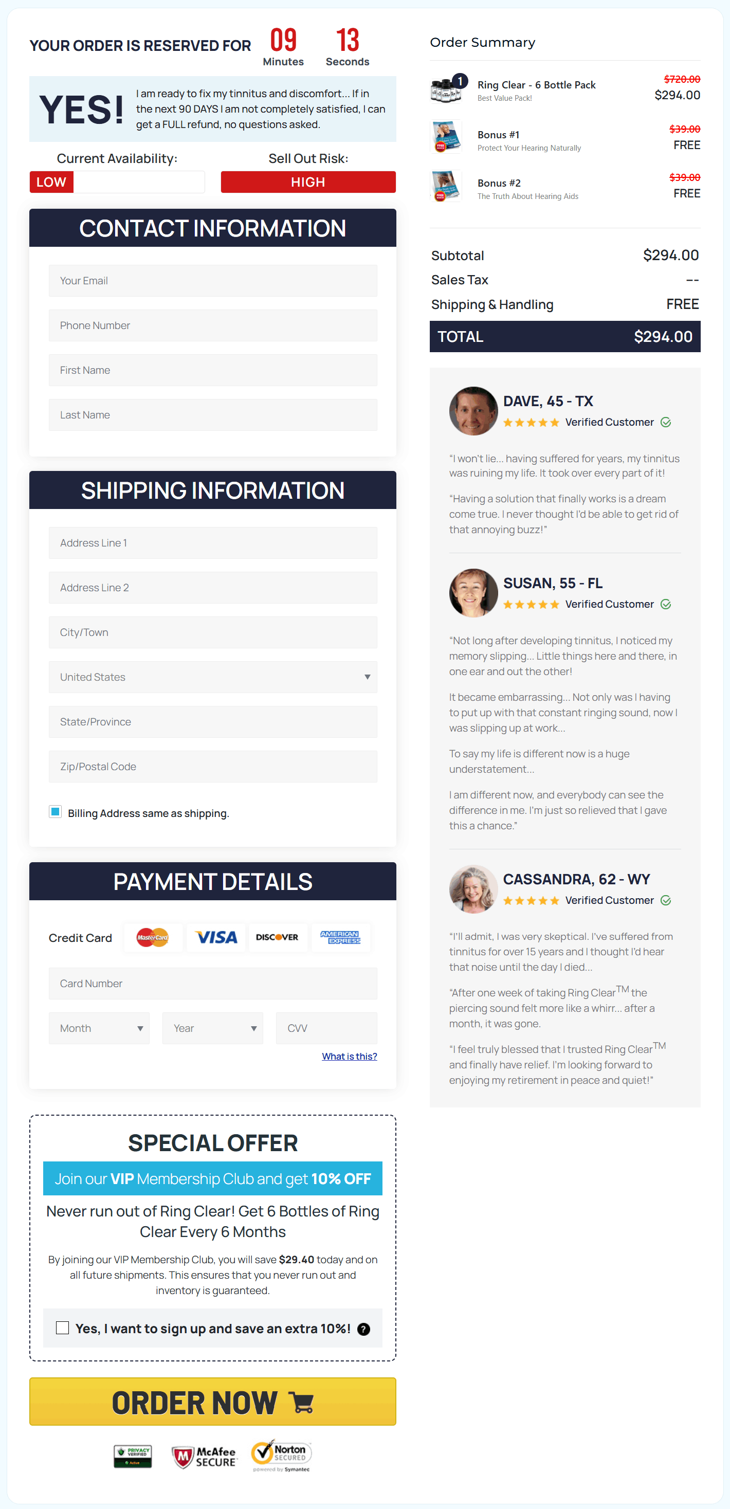 RingClear checkout page